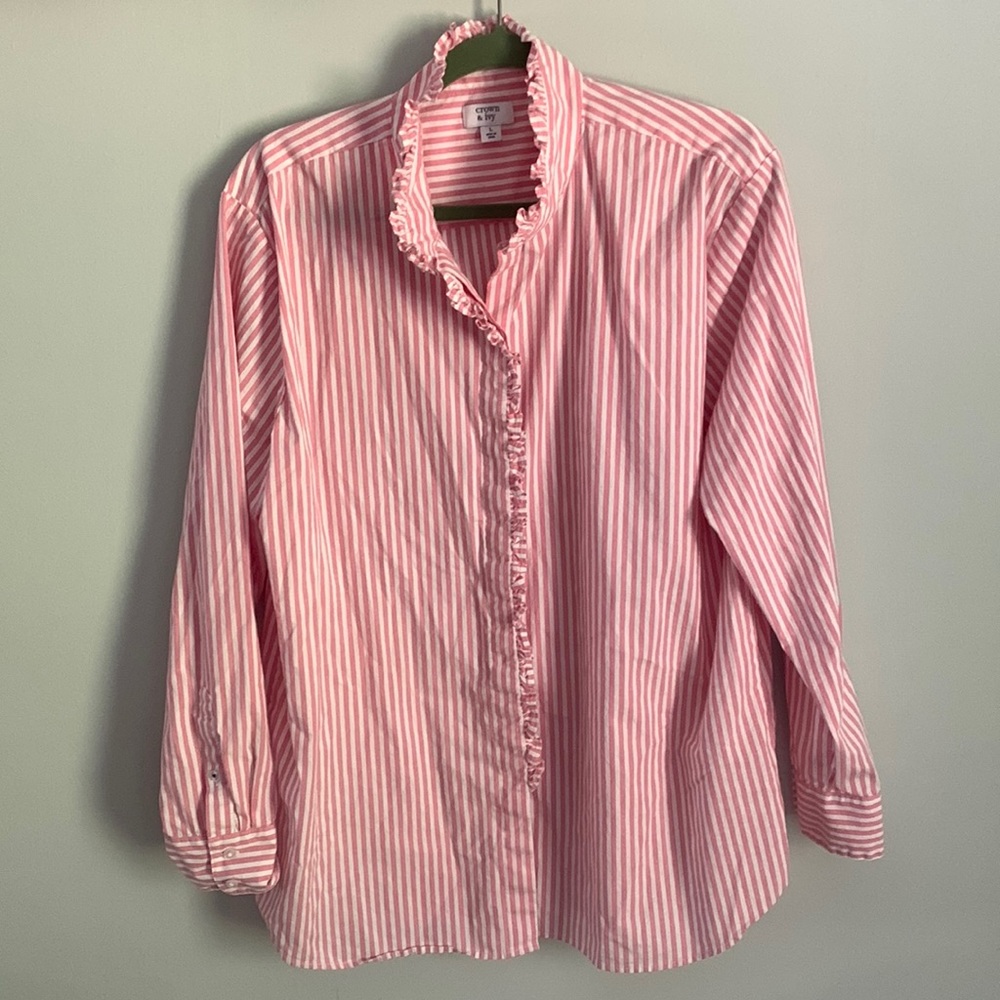 Crown & Ivy striped button down blouse w/ ruffles size L